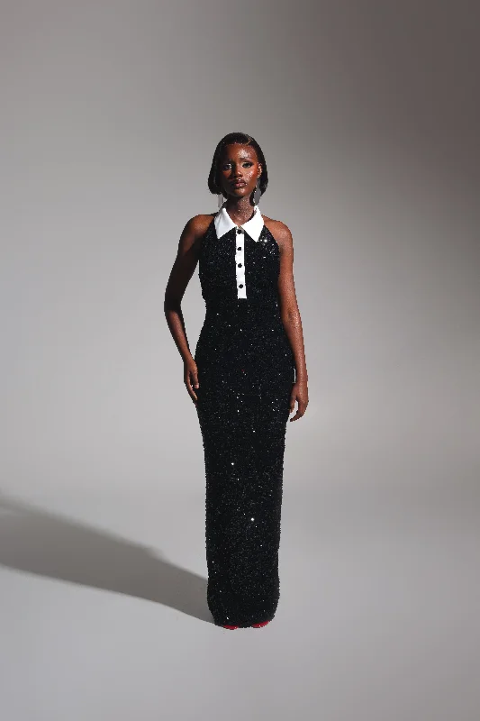 Holiday Sale RIA Halter Sequin Maxi Dress in ONYX