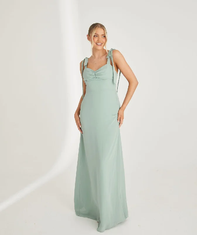 Shop and Save Bow Tie Shoulder Chiffon Bridesmaid Dress - Sage