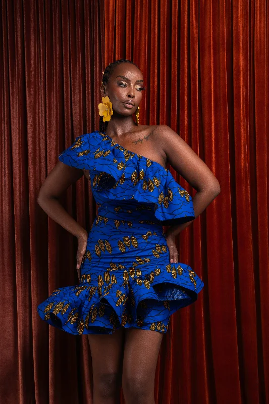 Price Rollback YOMI African Print One Sleeve Ruffle  Mini Dress