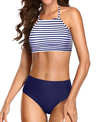 Removable Padding Triangle Bikini Sets For Women-Blue White Stripe