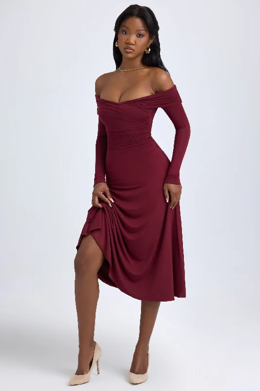 Special Discount Modal Off-Shoulder Ruched Midaxi Dress in Wine Red