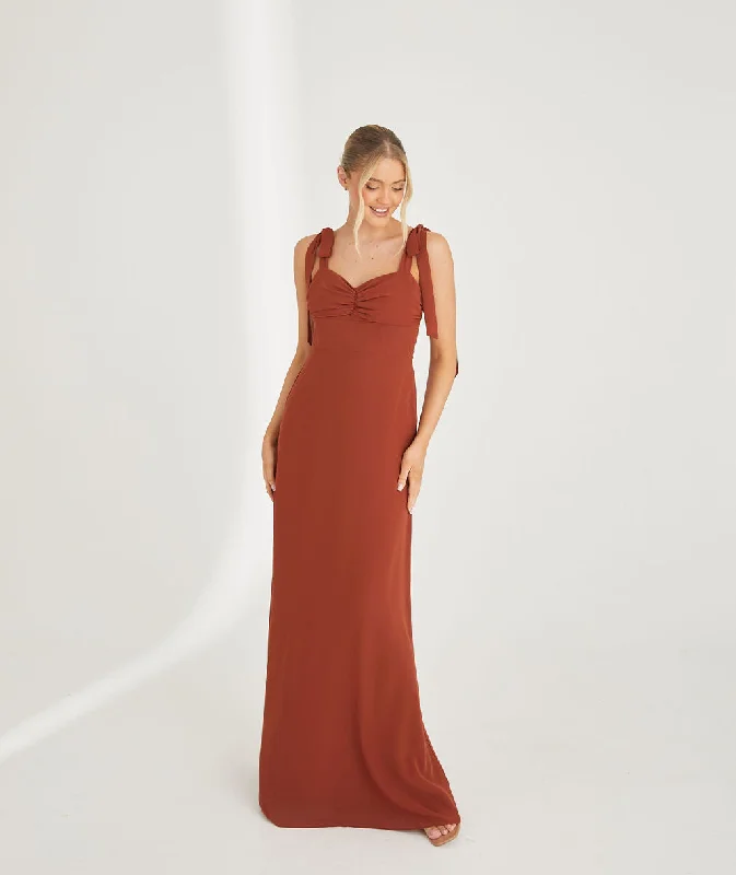 Exclusive Offers Bow Tie Shoulder Chiffon Bridesmaid Dress - Rust