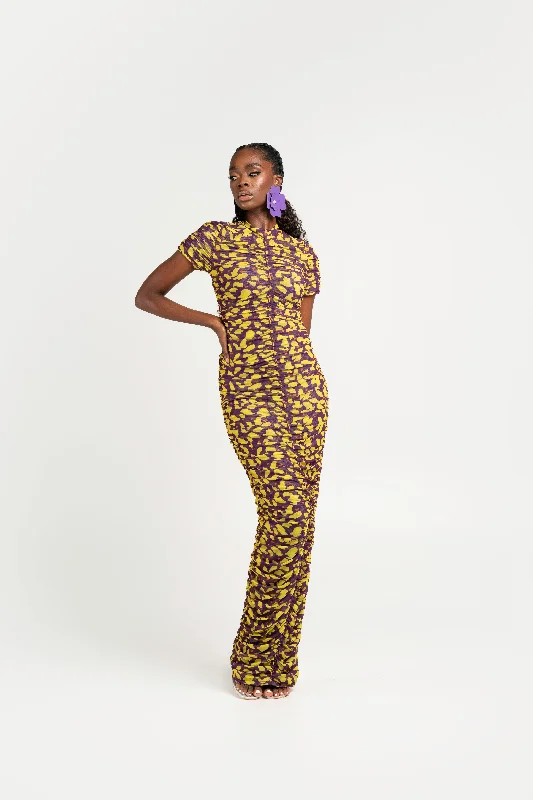 Special Offer SAKI PURPLE RUCHED MAXI MESH DRESS