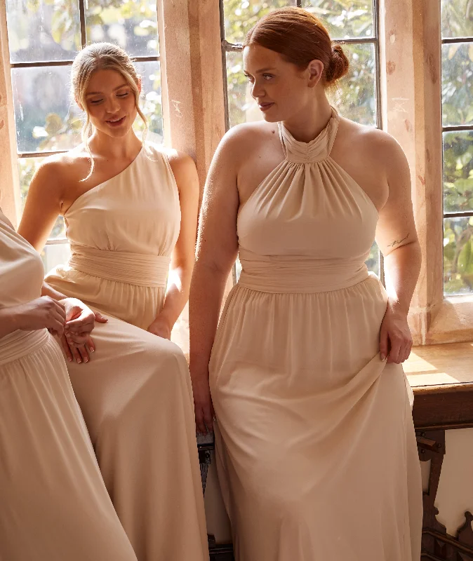 Deep Discounts Halter Neck Pleated Waist Chiffon Bridesmaid Dress - Butter Cream