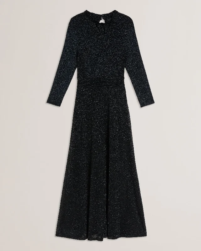 Closeout Sale Kannie Crew Neck Metallic Knitted Midi Dress Black-Teal