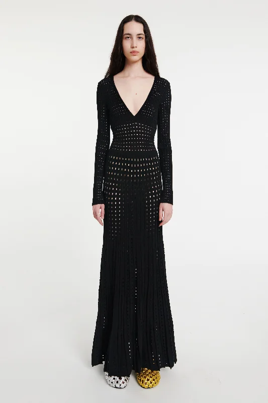 The Best Prices Perforated Knit Dress With Low V-neck And Back Opening Black