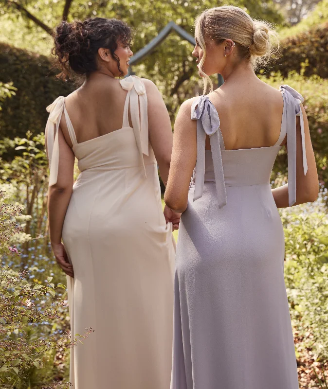 Referral Discount Bow Tie Shoulder Chiffon Bridesmaid Dress - Dusty Lilac