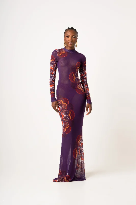 Take Advantage ENANG PURPLE LONG SLEEVE MAXI MESH DRESS