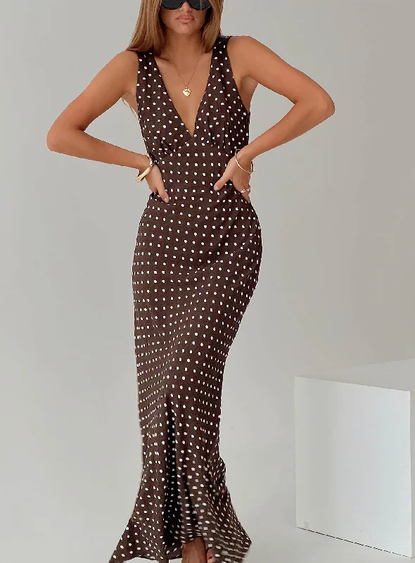 Hurry In Nellie Maxi Dress Brown Polka Dot
