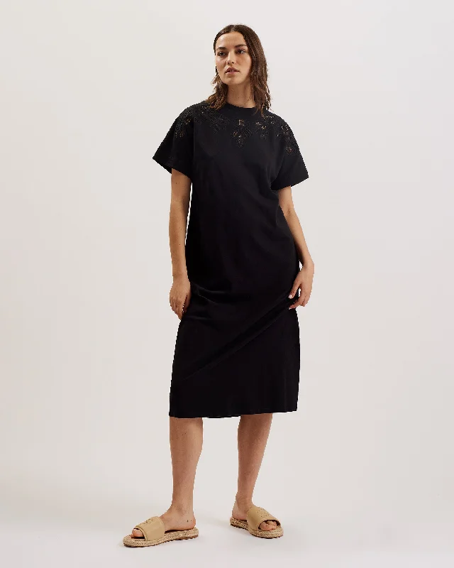 Buy Now Salyha Embroidered Cut Out Midi Tshirt Dress Black