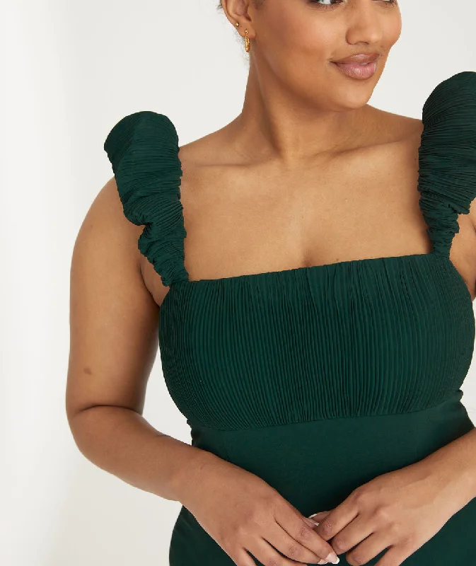 The Best Prices Pleated Statement Shoulder Chiffon Bridesmaid Dress - Emerald