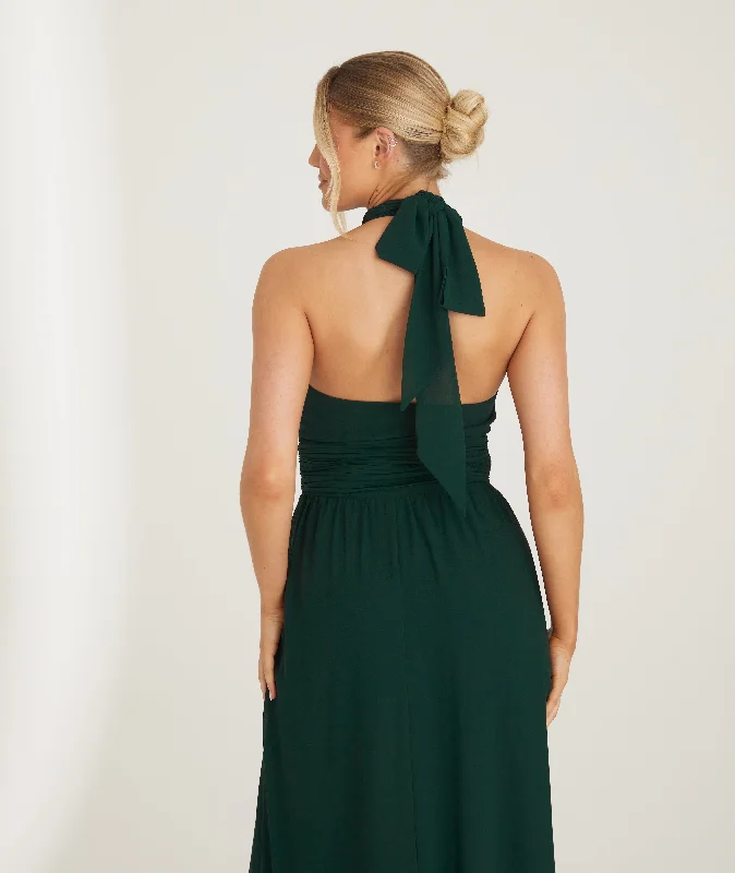 Big Savings Halter Neck Pleated Waist Chiffon Bridesmaid Dress - Emerald
