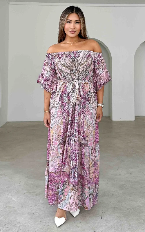 Closeout Sale Gamela Gem Embellished Maxi Dress - Pink Multi Print