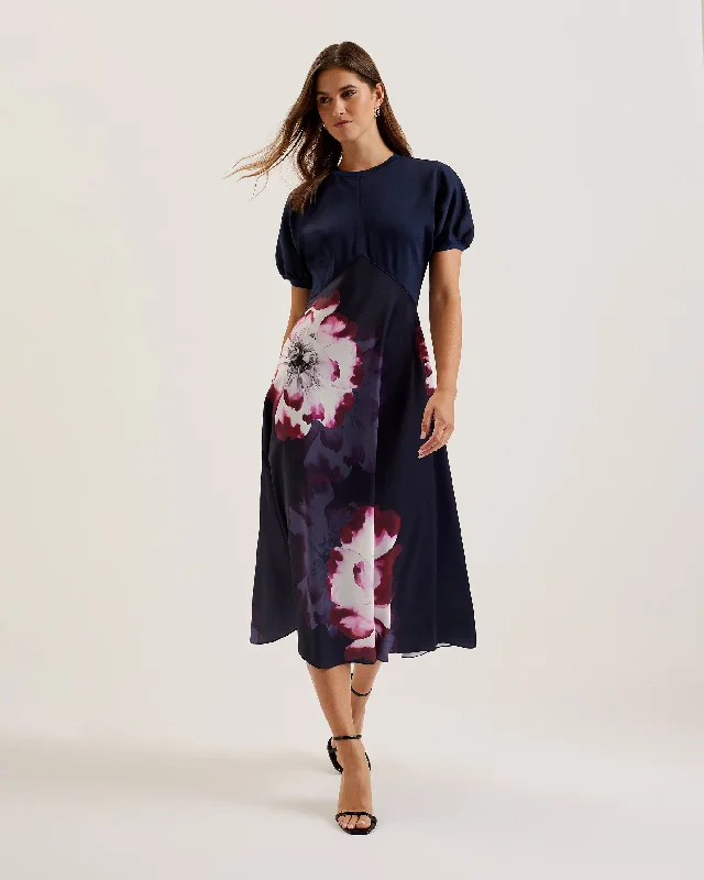 Members Only Mitzic Ponte Bodice Printed Satin Skirt Midi Dress Navy