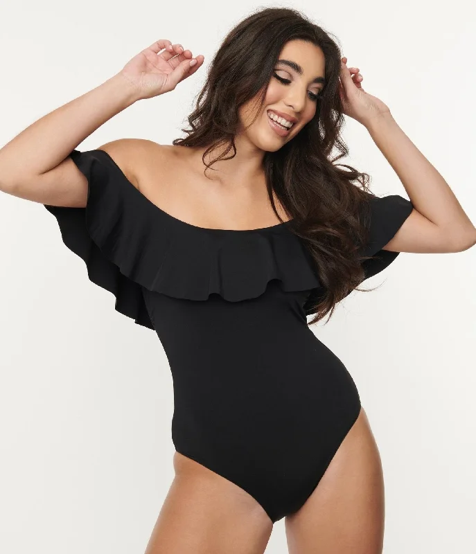 Bonus Savings 1970s Black Off Shoulder Ruffle Swimsuit