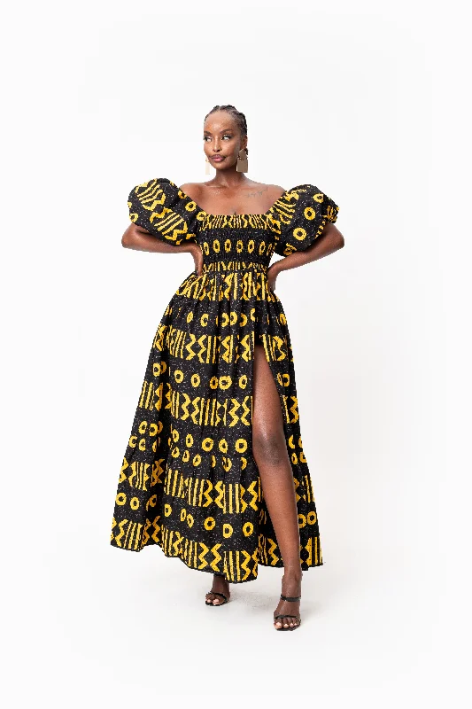 Savings Galore MAKENA Smocked Puffy Sleeve African print maxi dress