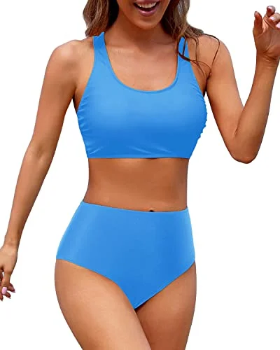 Women High Waisted Two Piece Bikini Sports Crop Top Scoop Neck Swimsuit for Teen Girls