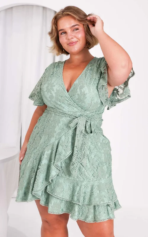 Grand Opening Sale Noela Faux Wrap Lace Mini Dress - Dusty Mint