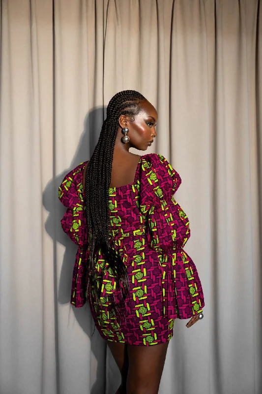 Loyalty Reward WUNMI African Print Off-shoulder Puffy Sleeve Mini Dress