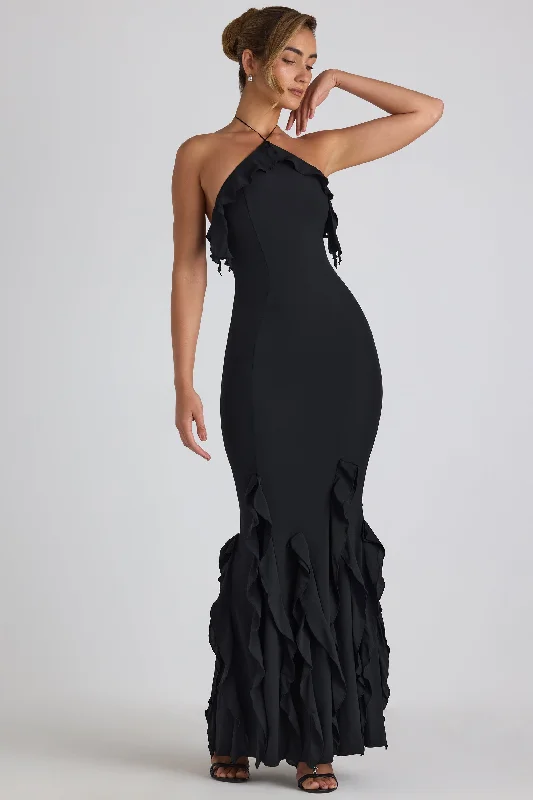 Crazy Deals Ruffle-Trim Halterneck Gown in Black