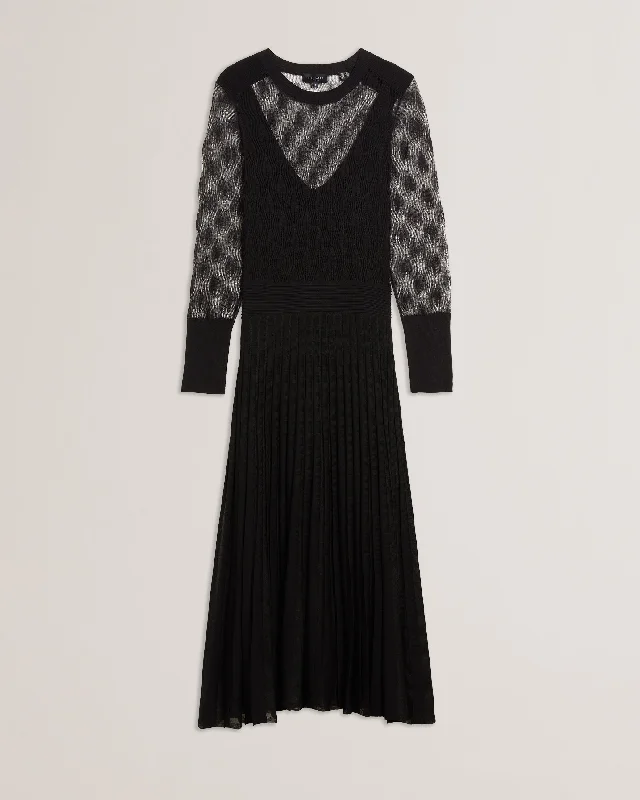 Special Savings Tiimara Pointelle Long Sleeve Knit Midi Dress Black