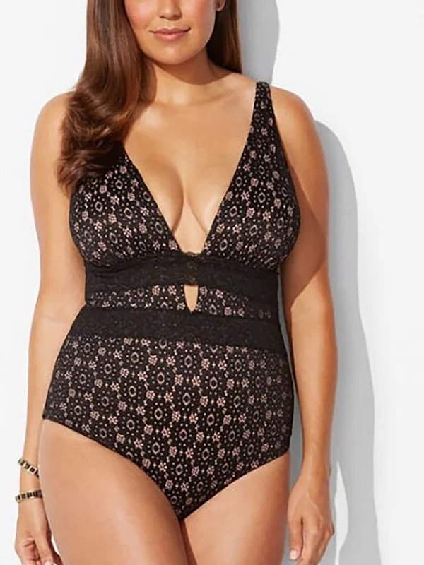 Deal Frenzy Swimsuits for All Size 24 Black & Beige Lace Swimsuit NWOT