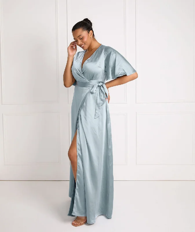 Members Only Wrap Tie Satin Bridesmaid Dress - Dusty Blue