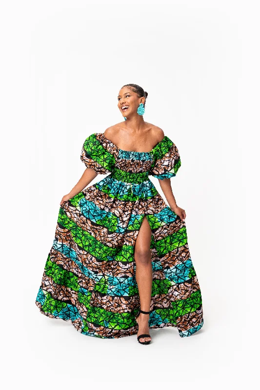 Price Cut ADA Smocked Puffy Sleeve African print maxi dress