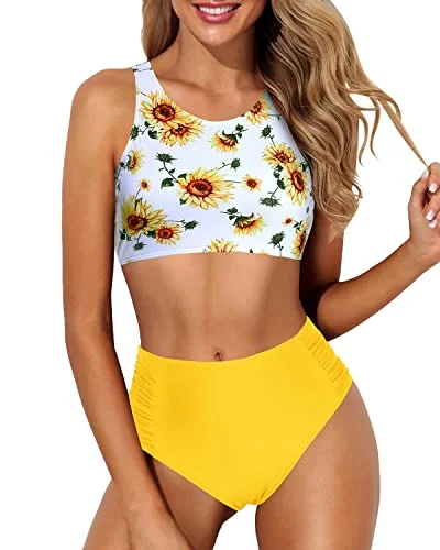 Sporty Racerback Bathing Suit Crop Top And Bottom For Women-Sunflower