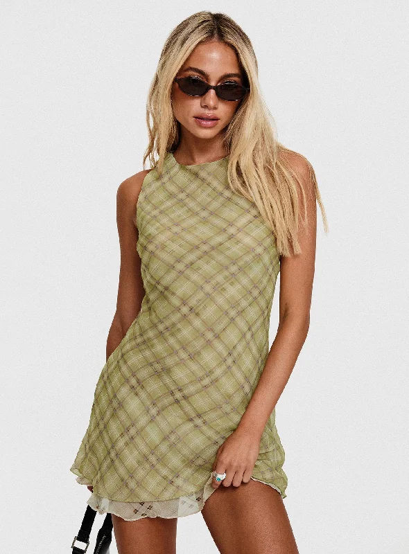 Can't Be Beat Buffie Tie Shoulder Mini Dress Green Check