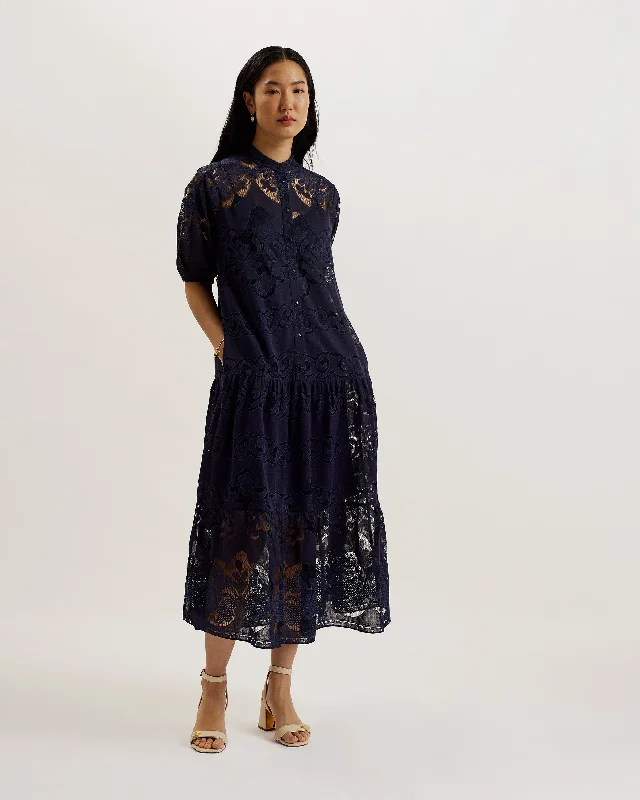 The Best Prices Xativa Laced Midi Shirt Dress With Puff Sleeve Dk-Blue