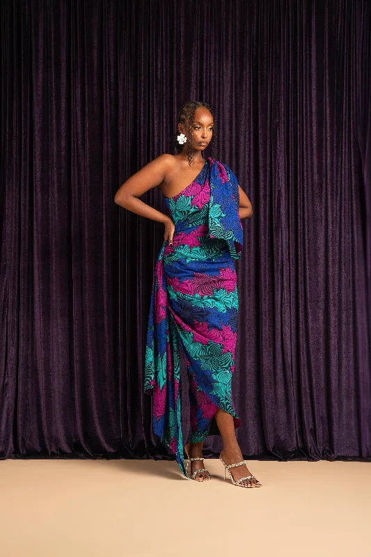 Closeout ZURI African Print One Sleeve Drape Maxi Dress