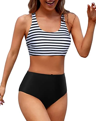 Full Coverage Modest Coverage With Women's Sporty Swimsuit-Black And White Stripe