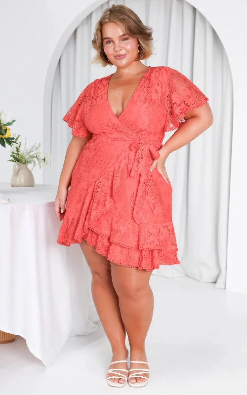 Deal Explosion Noela Faux Wrap Lace Mini Dress - Red Orange