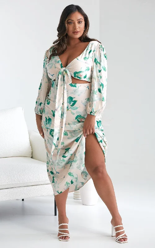 Discount Mania Roza Long Sleeve Maxi Dress - Beige Green Print
