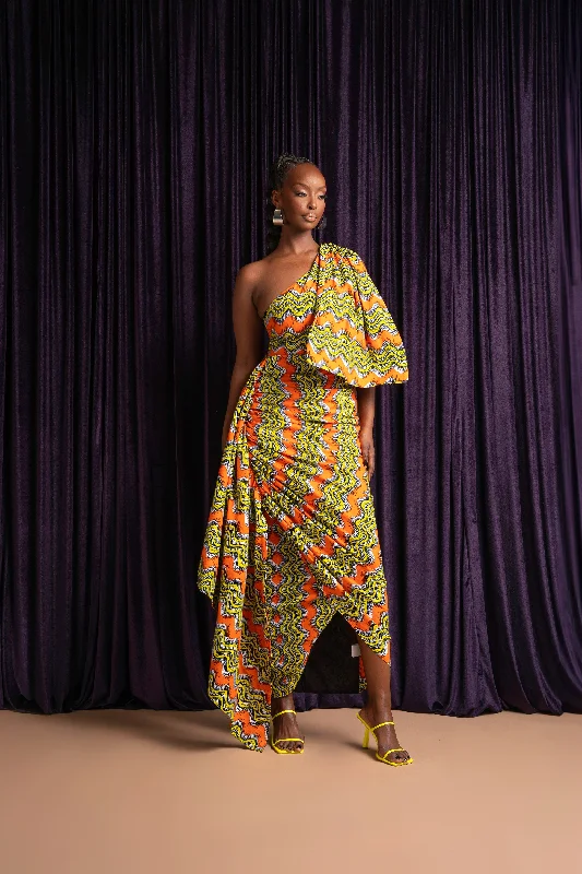 Big Savings TANI African Print One Sleeve Drape Maxi Dress
