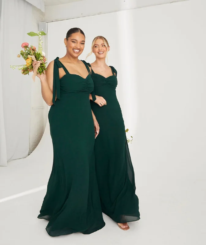 Shop and Save Bow Tie Shoulder Chiffon Bridesmaid Dress - Emerald