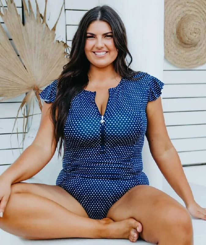 Clearance Items Capriosca Frill Sleeve One Piece Swimsuit - Navy & White Dots