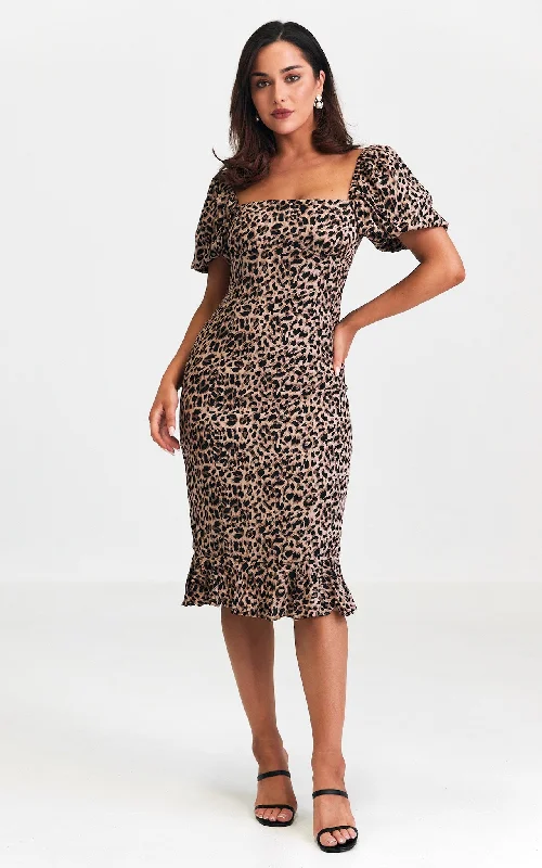 Overstock Jazel Midi Dress - Brown Leopard