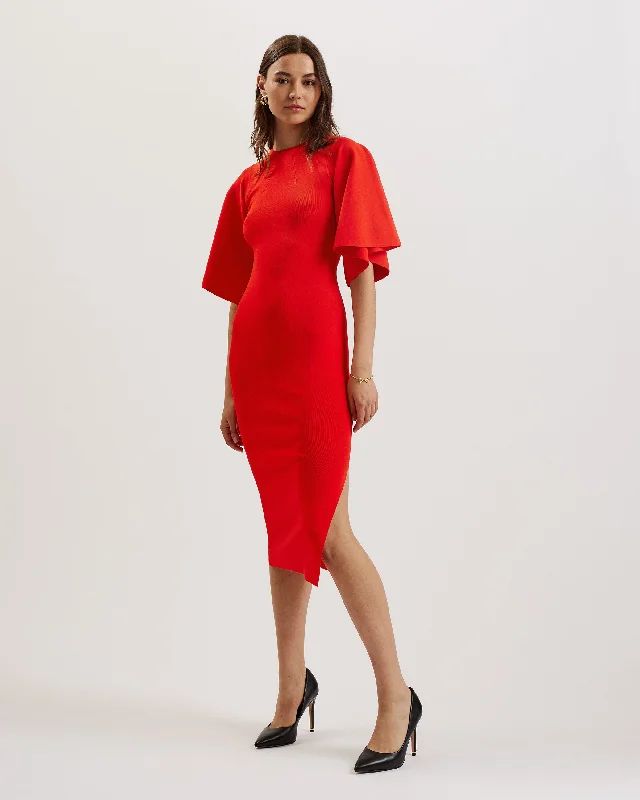 Quick Sale Lounia Fluted Sleeve Knitted Bodycon Midi Dress Brt-Orange