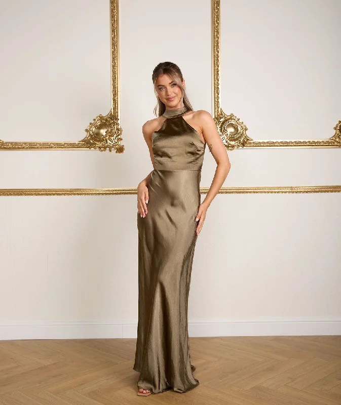 Deal Zone Halter Neck Satin Bridesmaid Dress - Olive