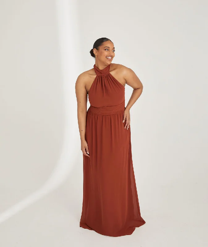 Today's Special Halter Neck Pleated Waist Chiffon Bridesmaid Dress - Rust