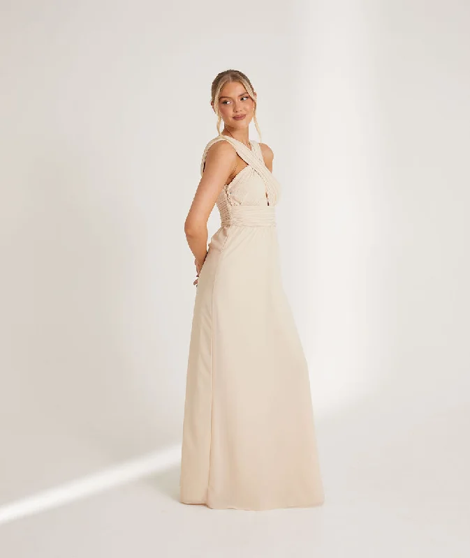 Best Bargains Cross Neck Pleated Waist Chiffon Bridesmaid Dress - Butter Cream