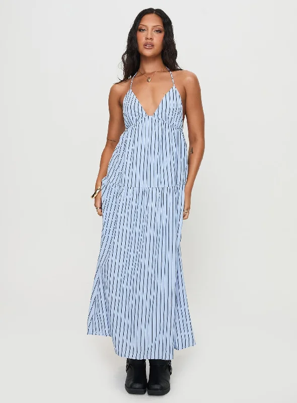 Bonus Savings Mazzey Halter Maxi Dress Blue Stripe