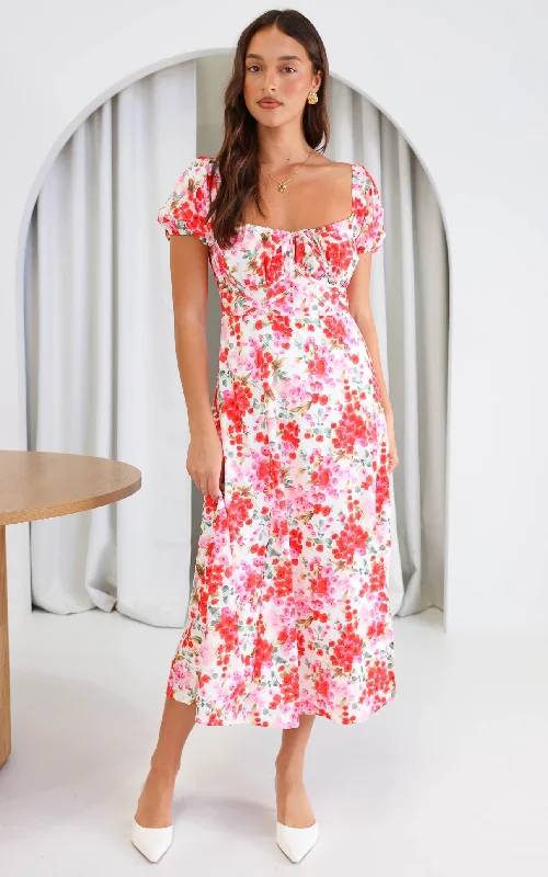 Doorbuster Deal Kiaya Midi Dress - Red Pink Floral