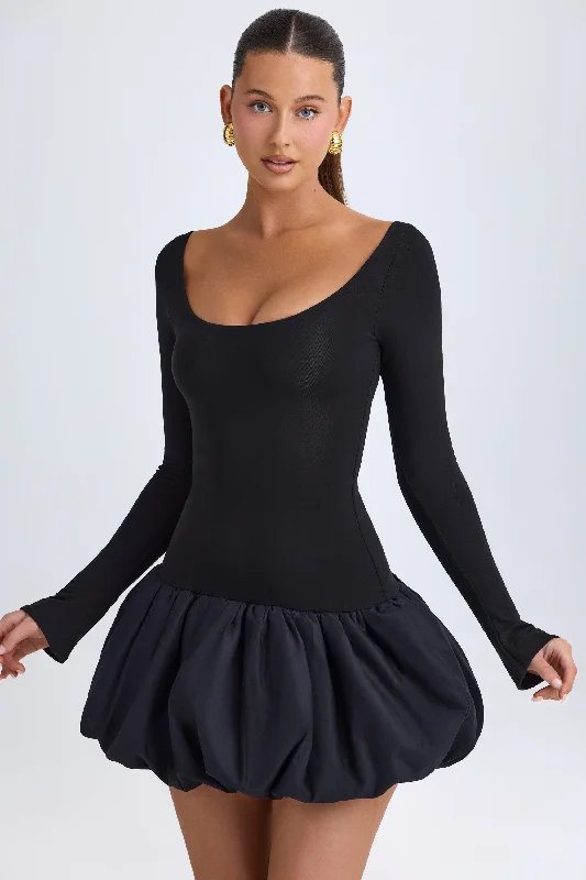 Special Savings Scoop-Neck Drop-Waist Bubble Hem Mini Dress in Black