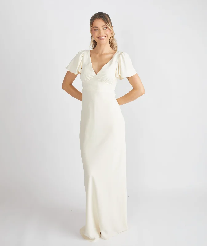Factory Direct Sale Flutter Sleeve Crepe Bridesmaid Dress - Almond