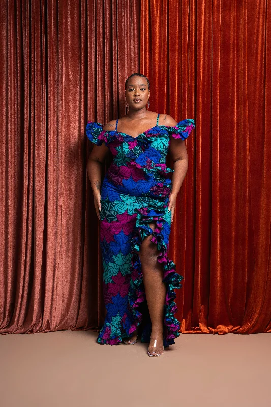 Midnight Madness ZURI Off shoulder Ruffle African Print Maxi Dress
