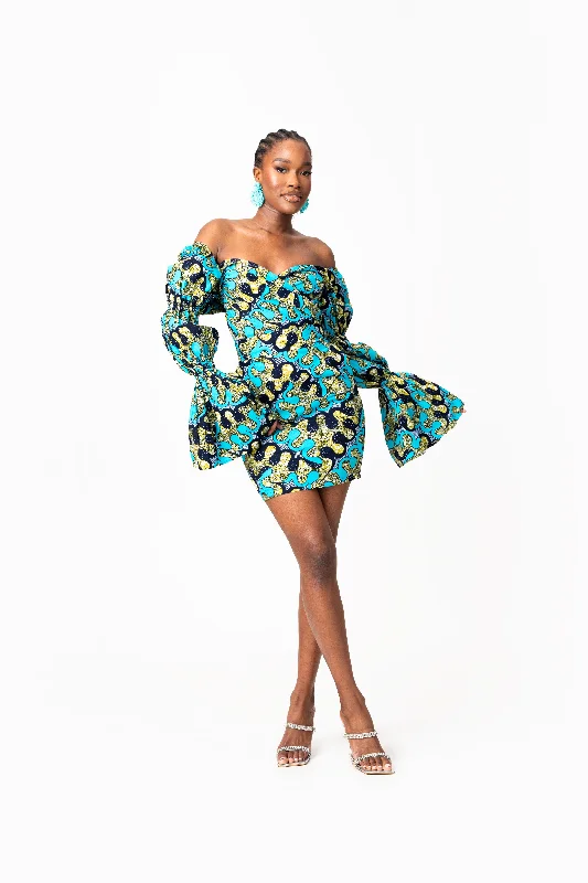 Discount Extravaganza BADE African Print Off-shoulder Puffy Sleeve Mini Dress
