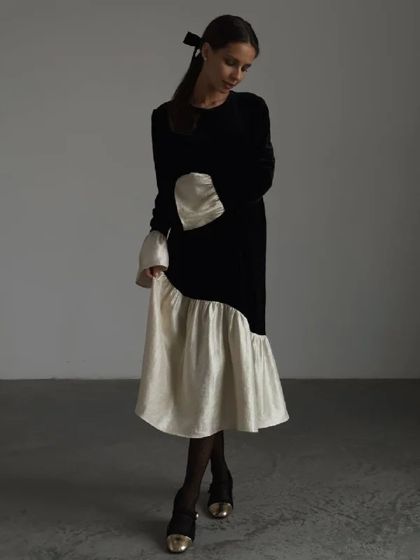 Price Meltdown Elegant Black and White Contrast Detail Velvet Dress